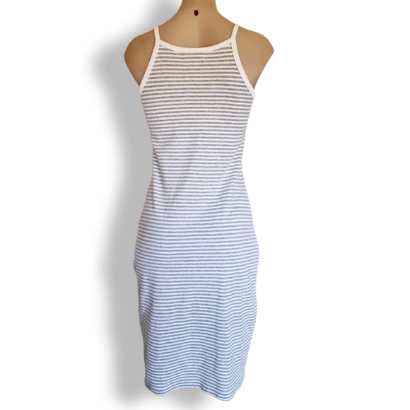Stussy, grey + white horizontal stripe, high neck, knee-length shirt dress AU 10 - Picture 3 of 6